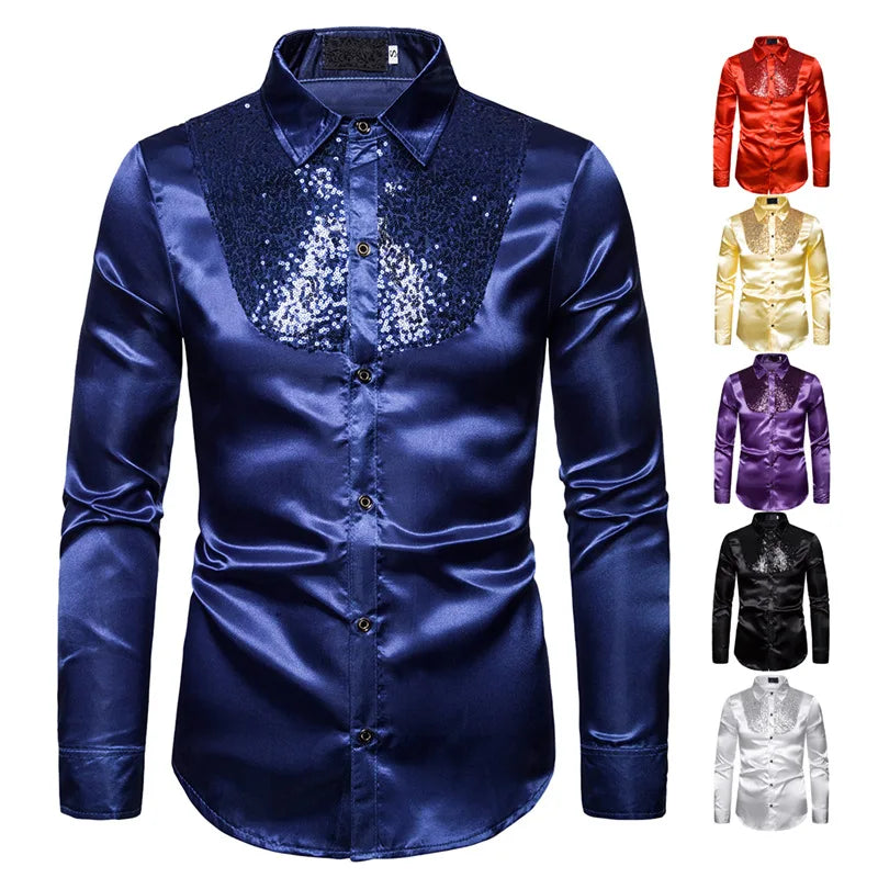 Men's Luxury Sequin Glitter Shirts New Long Sleeve Silk Satin Shiny Disco Party Shirt Men Top Stage Dance Nightclub Prom Costume