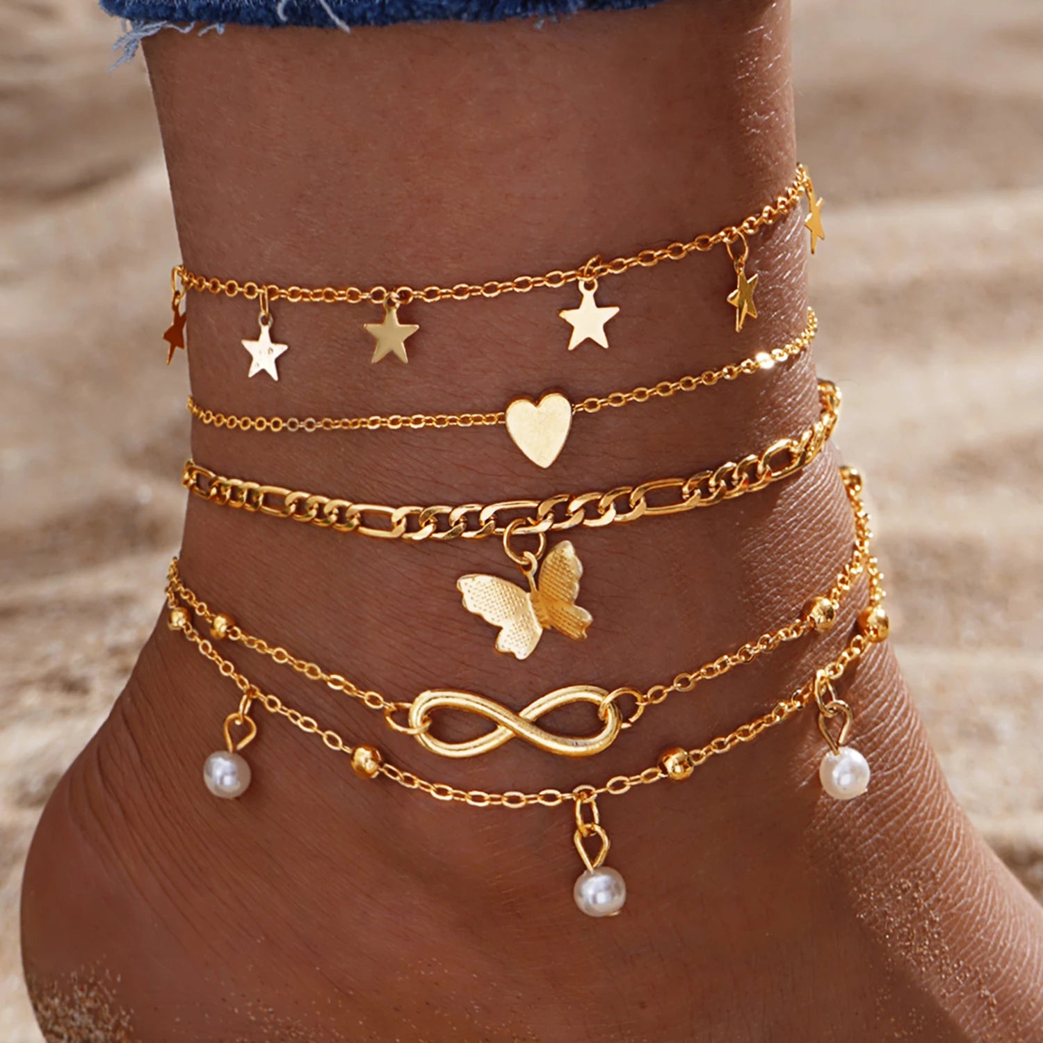 VKME 4Pcs/Set Fashion Butterfly Pearl Infinity Heart Anklet Set for Women Jewelry Wholesale
