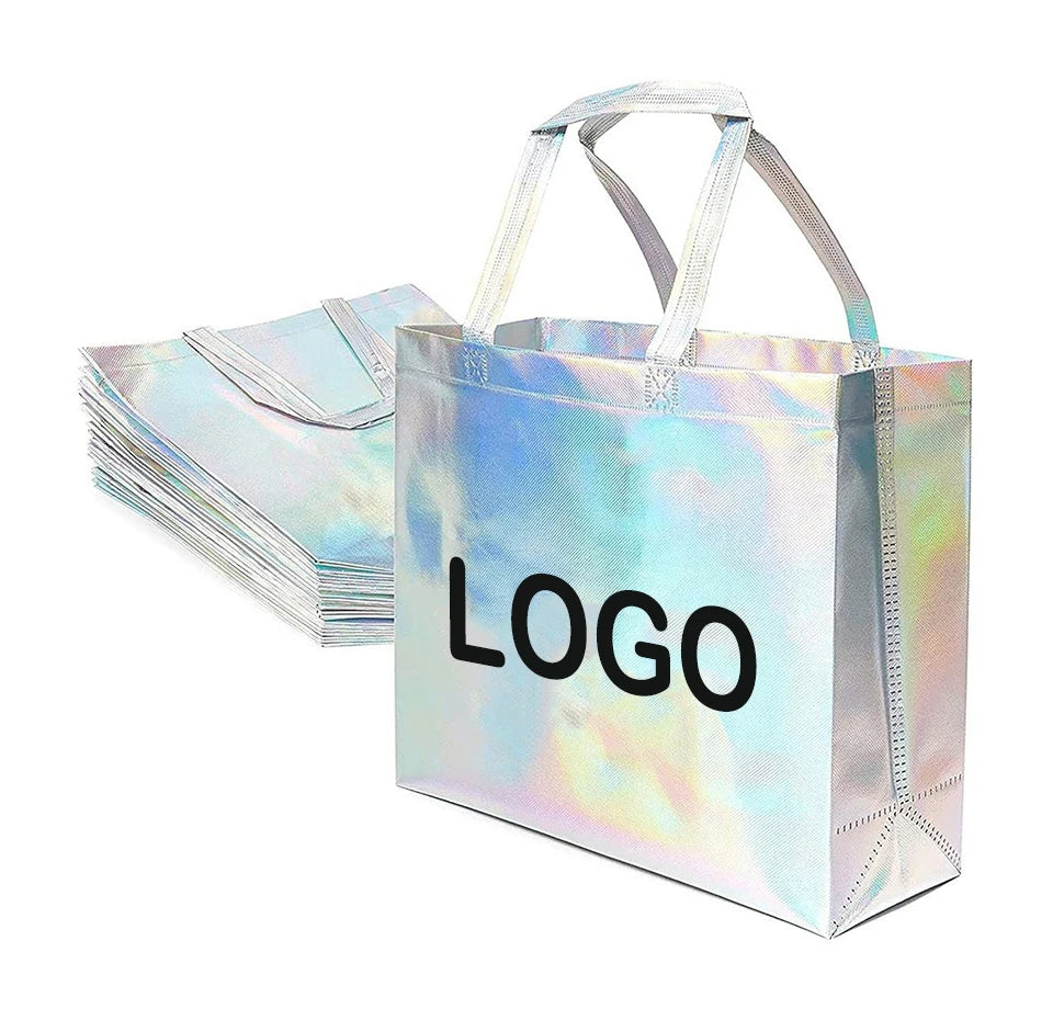 Customized Logo Laser Film Waterproof Non-woven Dot Reusable 70/80 GSM Hand Length Handle Supermarket RPET PP Tote Shopping Bag