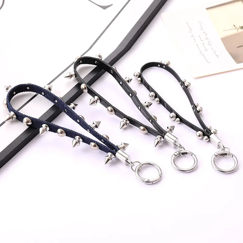 Punk Style Rivet Leather Rope Pendant Exaggerated Personality Mobile Phone Pendant Bag Keychain Hanging Accessory Jewelry