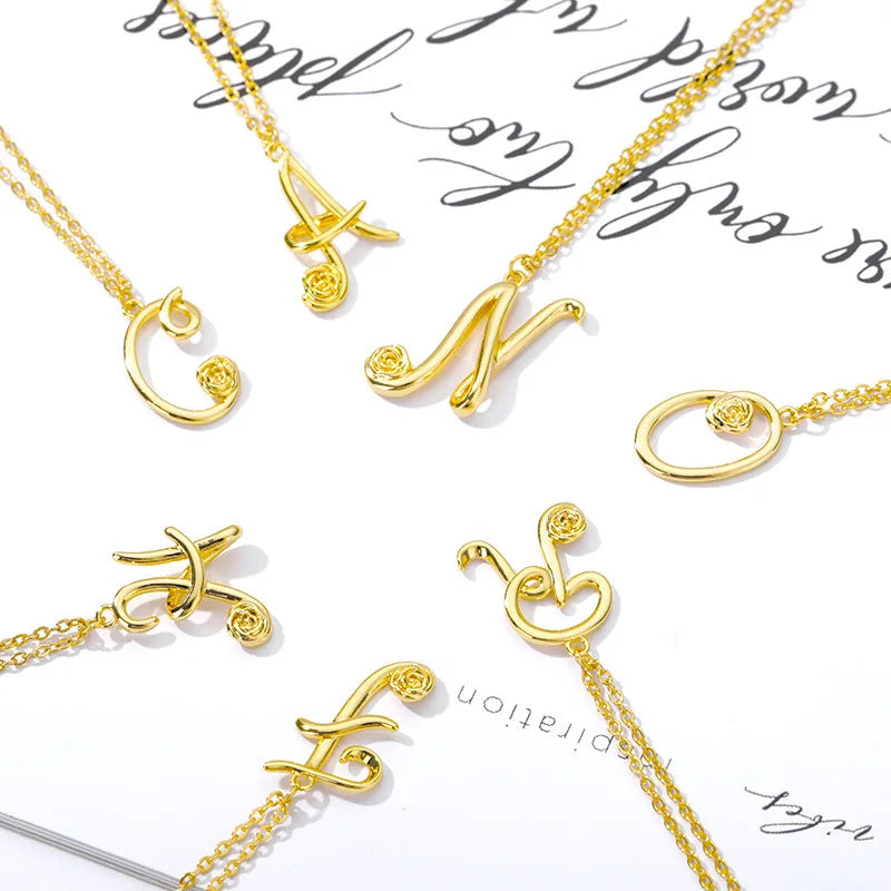 New Gold Capital Stainless Steel Necklace Classic Bohemian Style English Letter Rose Pendant for Wedding Party Engagement Gift