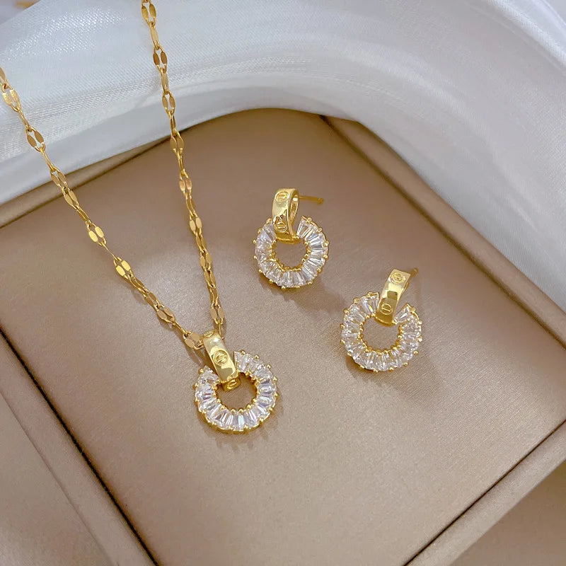 Light Luxury Jewelry Micro-Inlaid Personality Full Diamond Hoop Stainless Steel Necklace Earrings Set