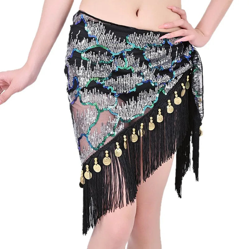 Wholesale Hand Make Shiny Sequin Wrap Waist Skirt  Professional Malaya Belly Dance Performance Hip Scarf for Lady