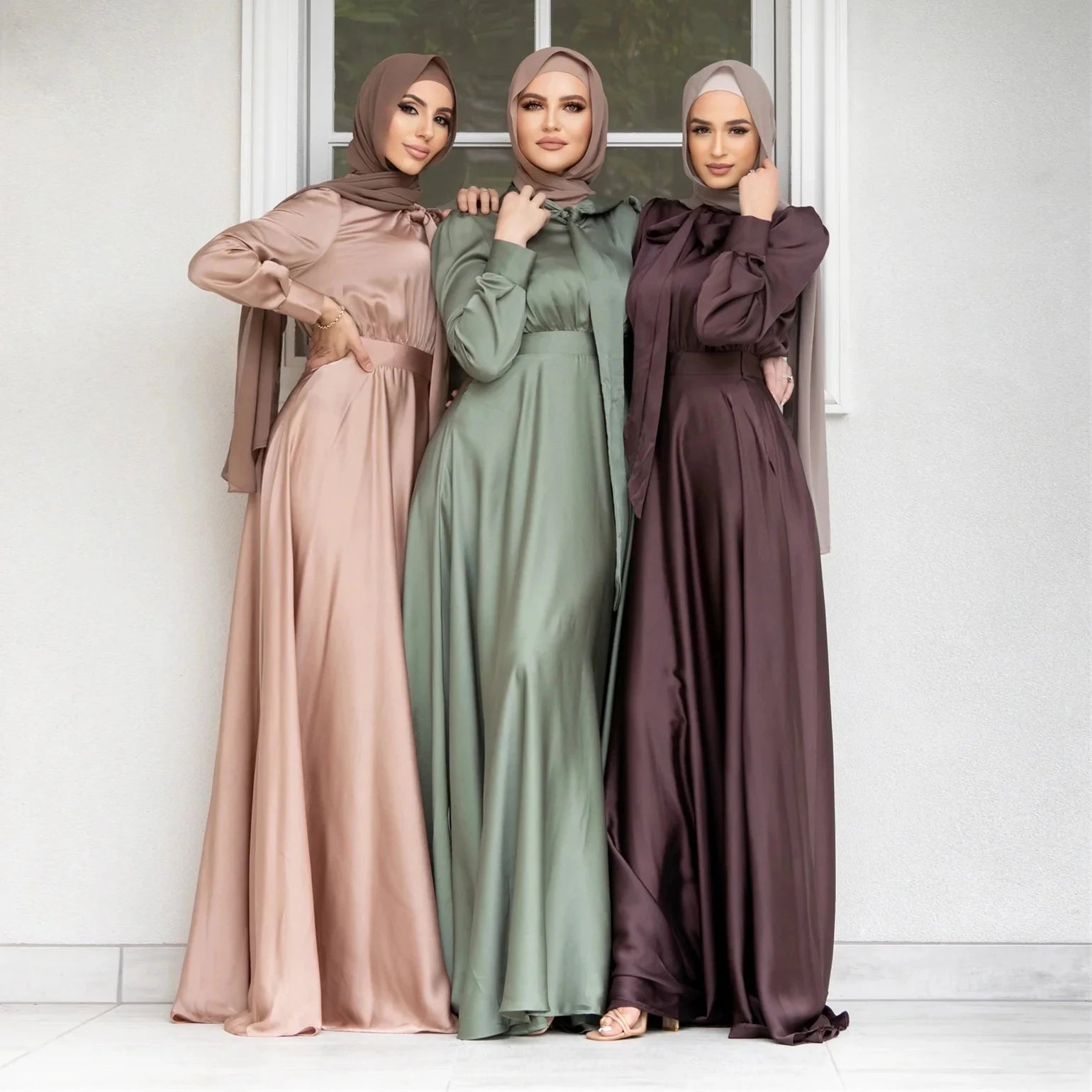 2026 Dubai Muslim Fashion Women's Satin Abaya Dress Large Ball Gown Style Solid Pattern Floor-Length Natural Parties Adults