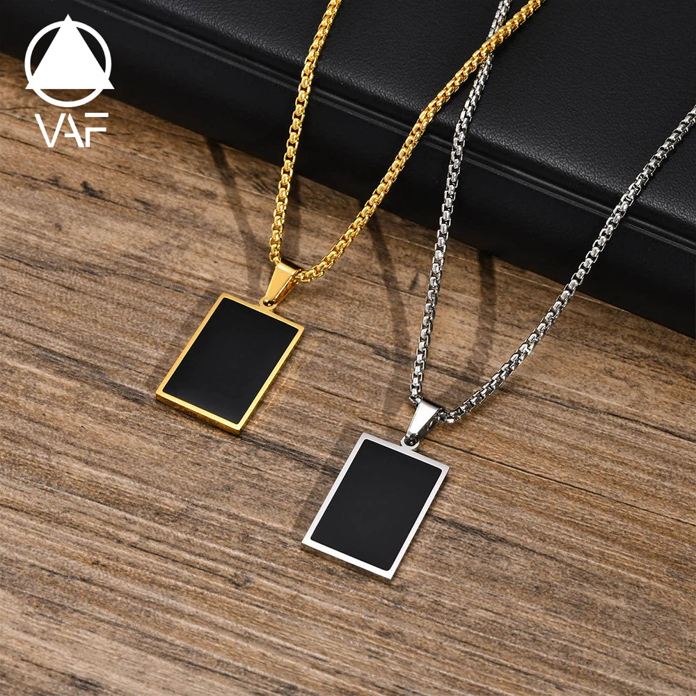 VAF 60CM Stainless Steel Epoxy Enamel Rectangle Pendant Necklace Steel Color Geometric Shape Pendant Necklace for Men