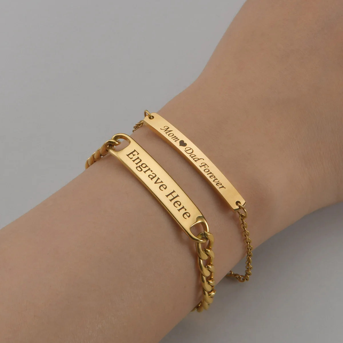 Custom Name Souvenir Stainless Steel Chain & Link Bracelet Set Geometric Gold Plated Trendy Style Couple's Gift for Anniversary