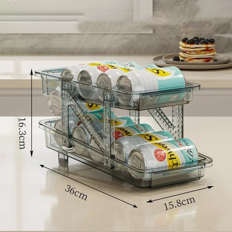 OWNSWING Rolling Can Dispenser with Adjustable Width 2 Layer Fridge Beer Can Organizer Fridge Kitchen Dispenser