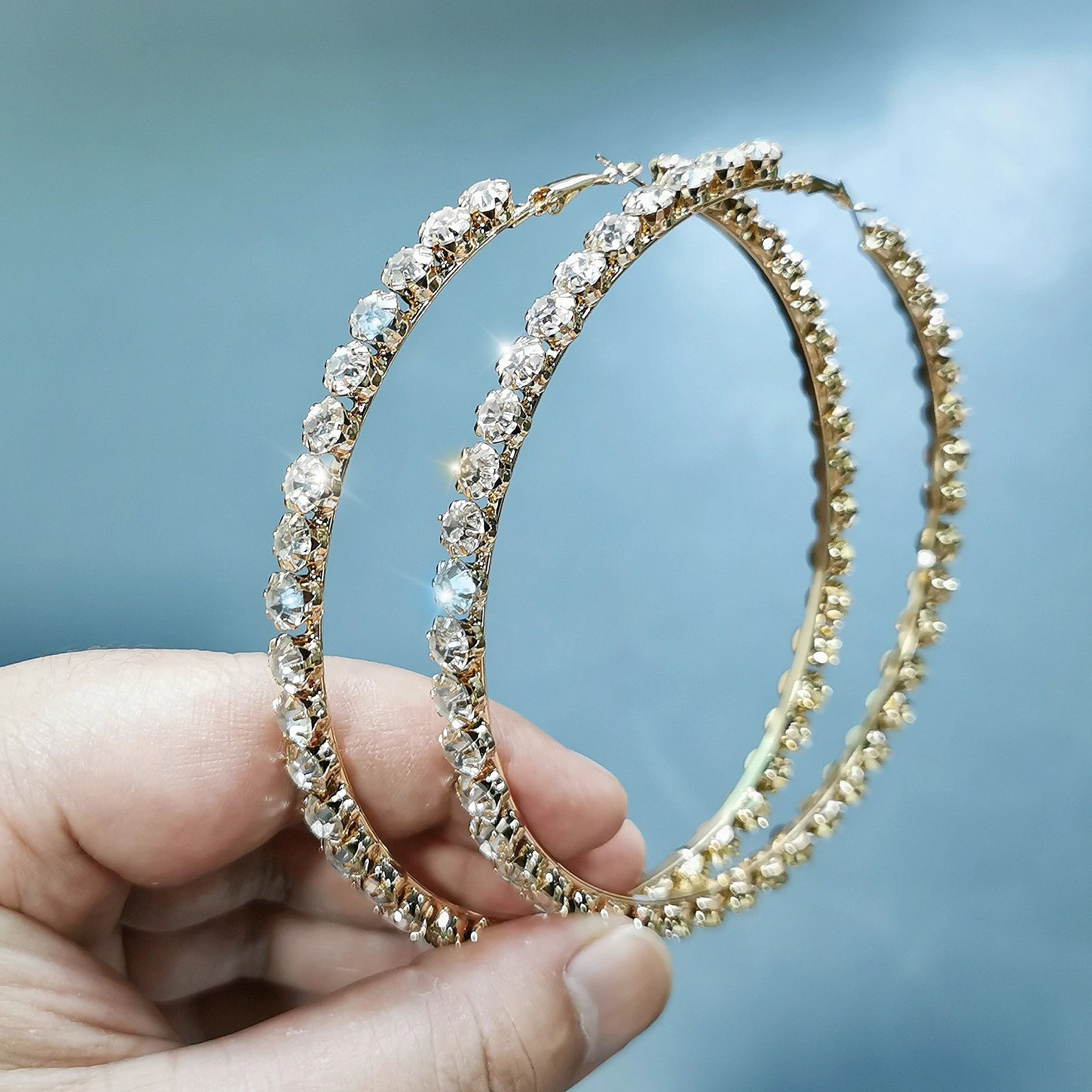 New Fashion Statement Rhinestone Earrings Big Round Triangle Square Crystal Diamond Hoop Earrings for Women
