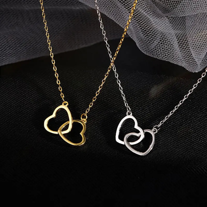 Fashion 925 Sterling Silver Heart Necklace for Women Hollow Double Heart Choker Pendant Necklace