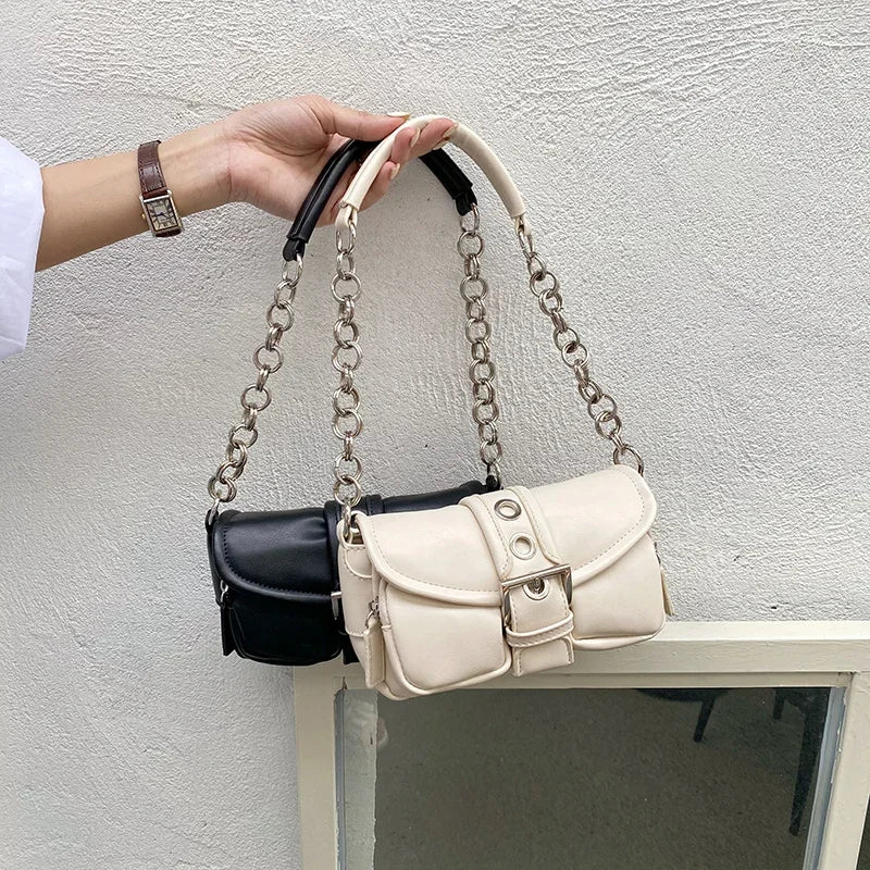 Retro Women's Chain Small Shoulder Bag Solid Color PU Leather Ladies Underarm Bag Fashion Female Armpit Bag Tote Purse Handbags