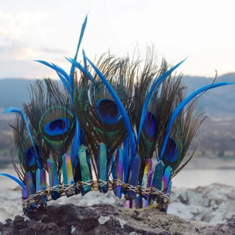DIY DIY Electroplated colorful natural crystal peacock feather crown Hairband HY