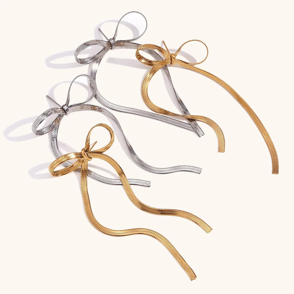 Stainless Steel Long Slinky Bow Coquette Earrings 18K Gold Plate Lightweight Dainty Ribbon Drop Earring Jewelry