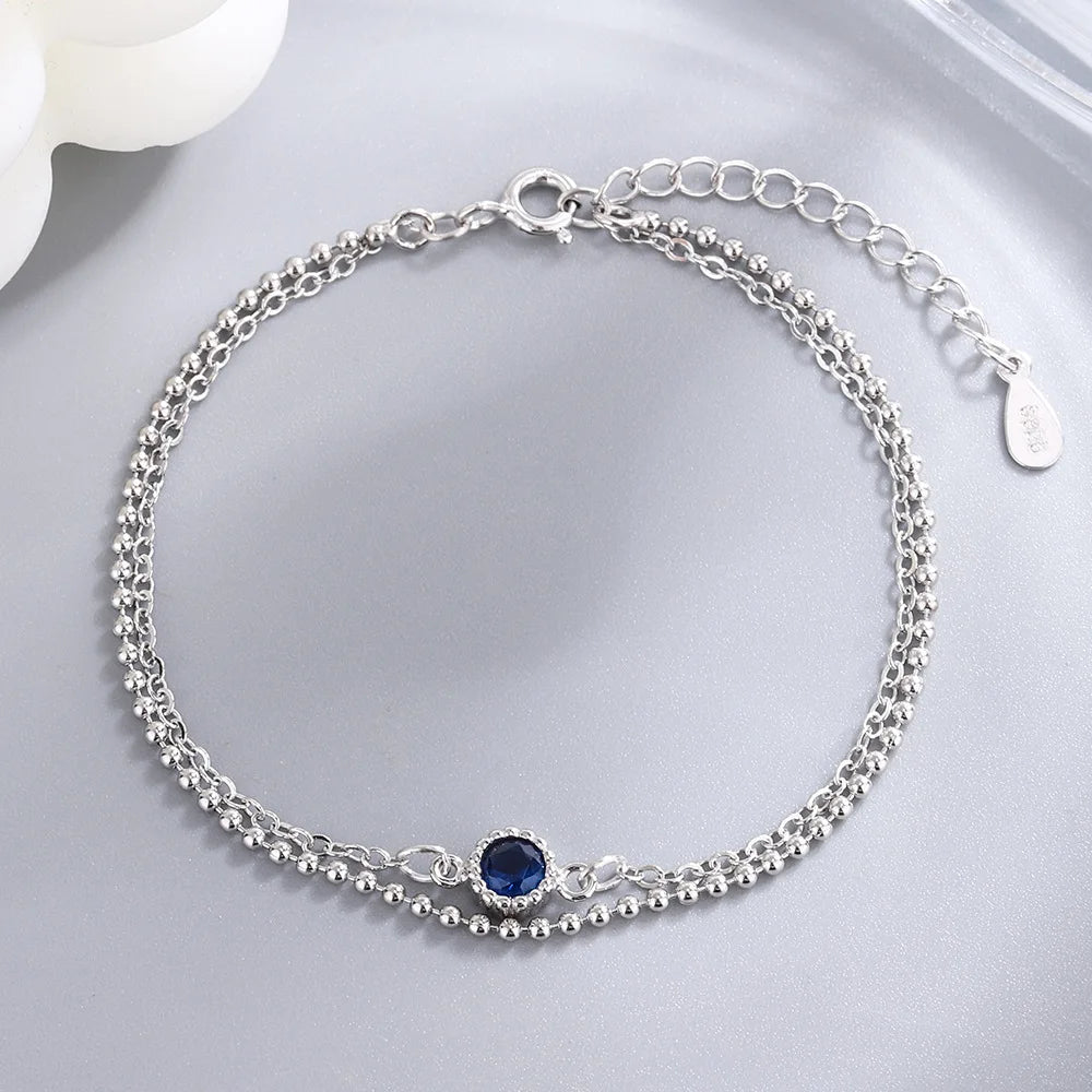 Women Jewelry 925 Sterling Silver Blue CZ Diamond Double Layer Bracelet Korean Personality Simple Bead Chain Bracelet