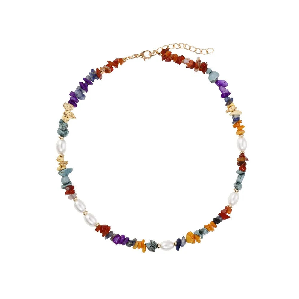 Simple Natural Stone Clavicle Chain Popular Necklace Hand Making Beaded Pearl Personality Stitch Colors Vacation Style Necklace