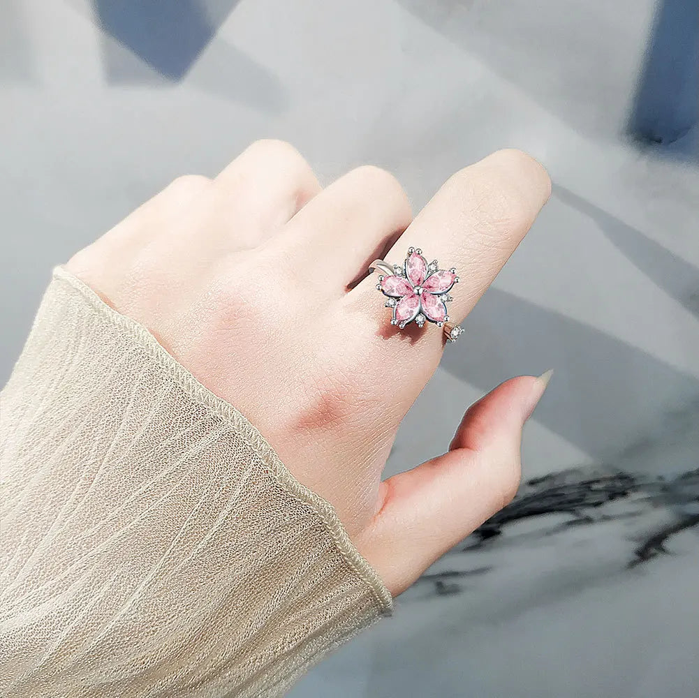 New Style Korean Open Zircon Rings Pink Zircon Flowers Decompress Anti-Anxiety Spin Ring for Women
