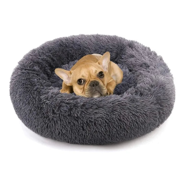 Long Plush Fluffy Anti Slip Dot Bottom Calming Puppy Donut Round Pet Dog Cat Bed