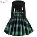 Women Vintage Long Sleeve Plaid Printed Dress Winter Swing Elegant Lacework Party Dress Robe Casual Black Print