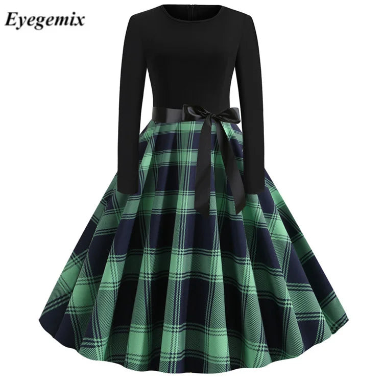 Women Vintage Long Sleeve Plaid Printed Dress Winter Swing Elegant Lacework Party Dress Robe Casual Black Print