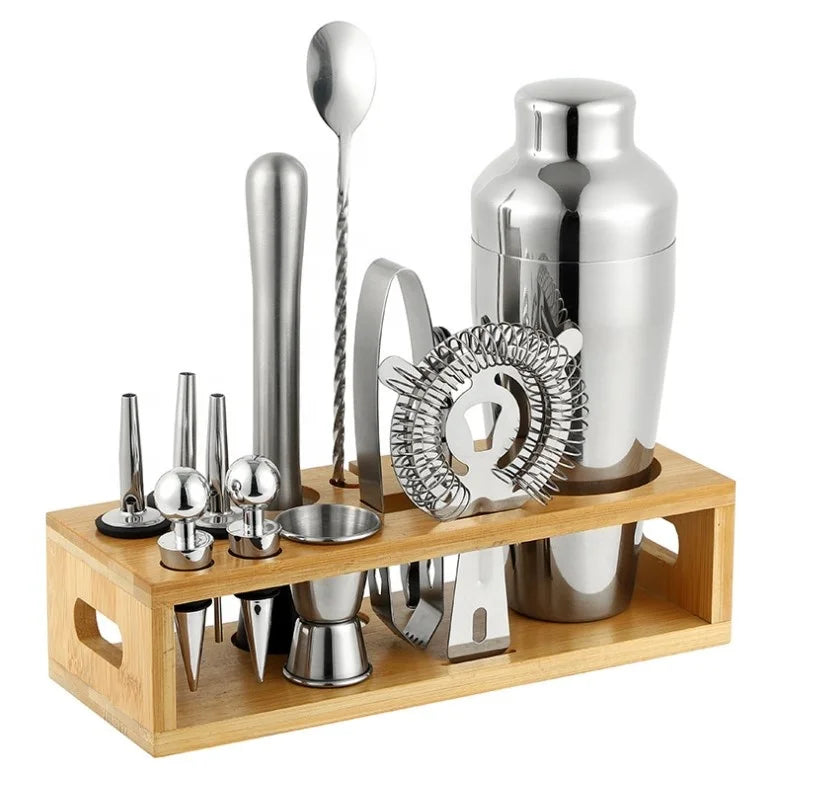Professional 13-Piece Stainless Steel Eco-Friendly Classic Design Food Safe Cocktail Maker Set with Bamboo Stand for Bartending