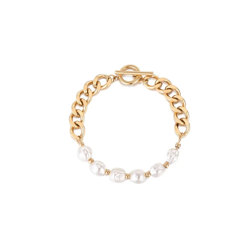 Women Fashion Artificial Pearl Bracelet Asymmetrical Chain Splicing OT Buckle Creative Bracelet Stainless Steel 18k Gold-Plated