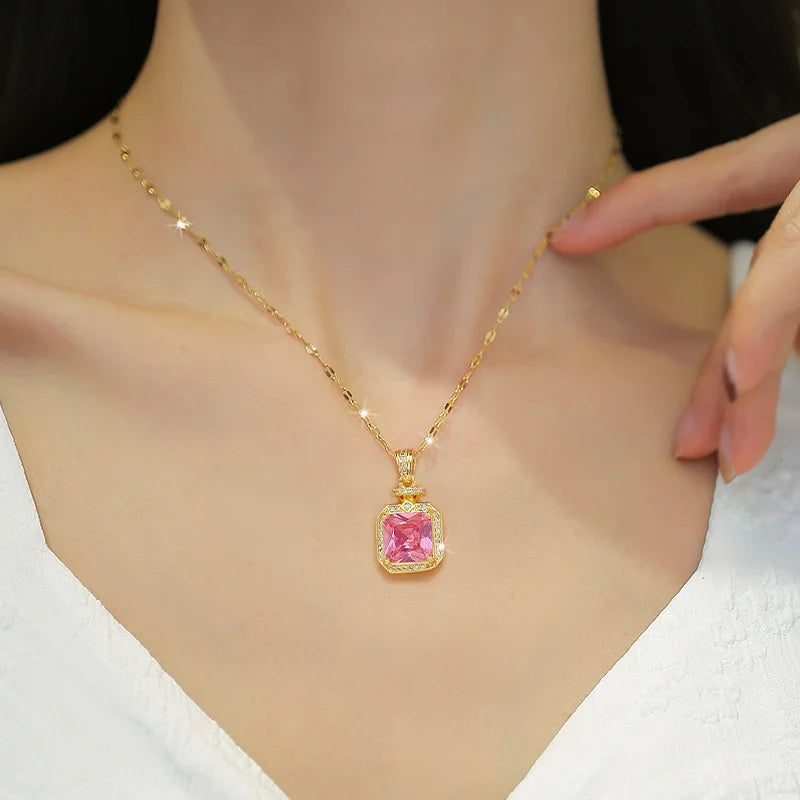 Micro Inlaid Shiny Diamond Perfume Bottle Shape Cubic Zircon Pendant Necklace Stainless Steel Geometric Gemstone Necklace