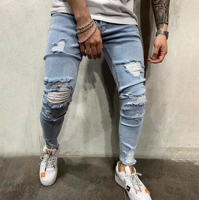Custom New Design Men Fashion Blue Pants Jeans Trouser Oem Denim Ripped Stretch Men Jeans With Holes