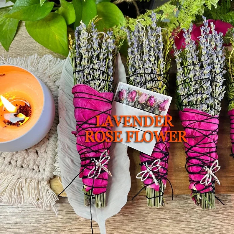 CELION LAVENDER ROSE Smoke Cleansing Bouquet Cedar Rosemary White Sage Smudge Stick Ritual Spiritual Smoke Cleansing Gifts