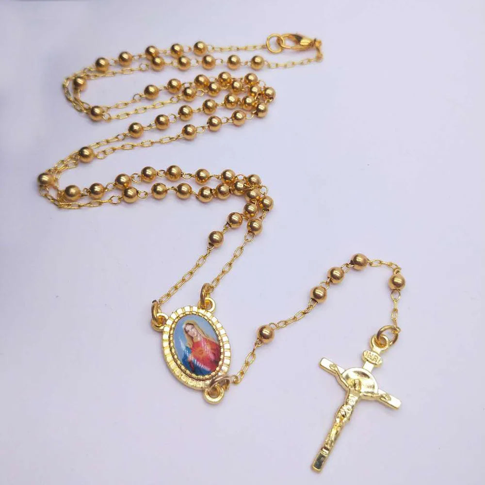 Jiingcan Our Lady of Charity Gold Filled Rosary Necklace  Saint Michael  Stainless Steel Rosary Necklace
