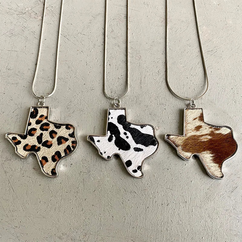 Bohemia Jewelry Creative 3D Horse Hair Leather Geometric Texas Map Leopard Pendant Choker Necklace