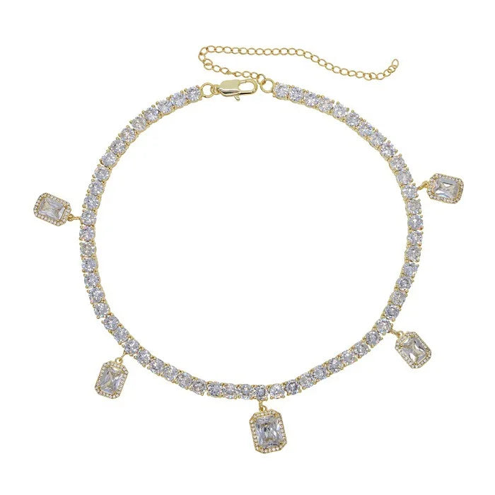 Square Gold Plated Brass CZ Tennis Strand Chain Necklace Extender HipHop Style Heart-shaped Men's 16inches Party Gift
