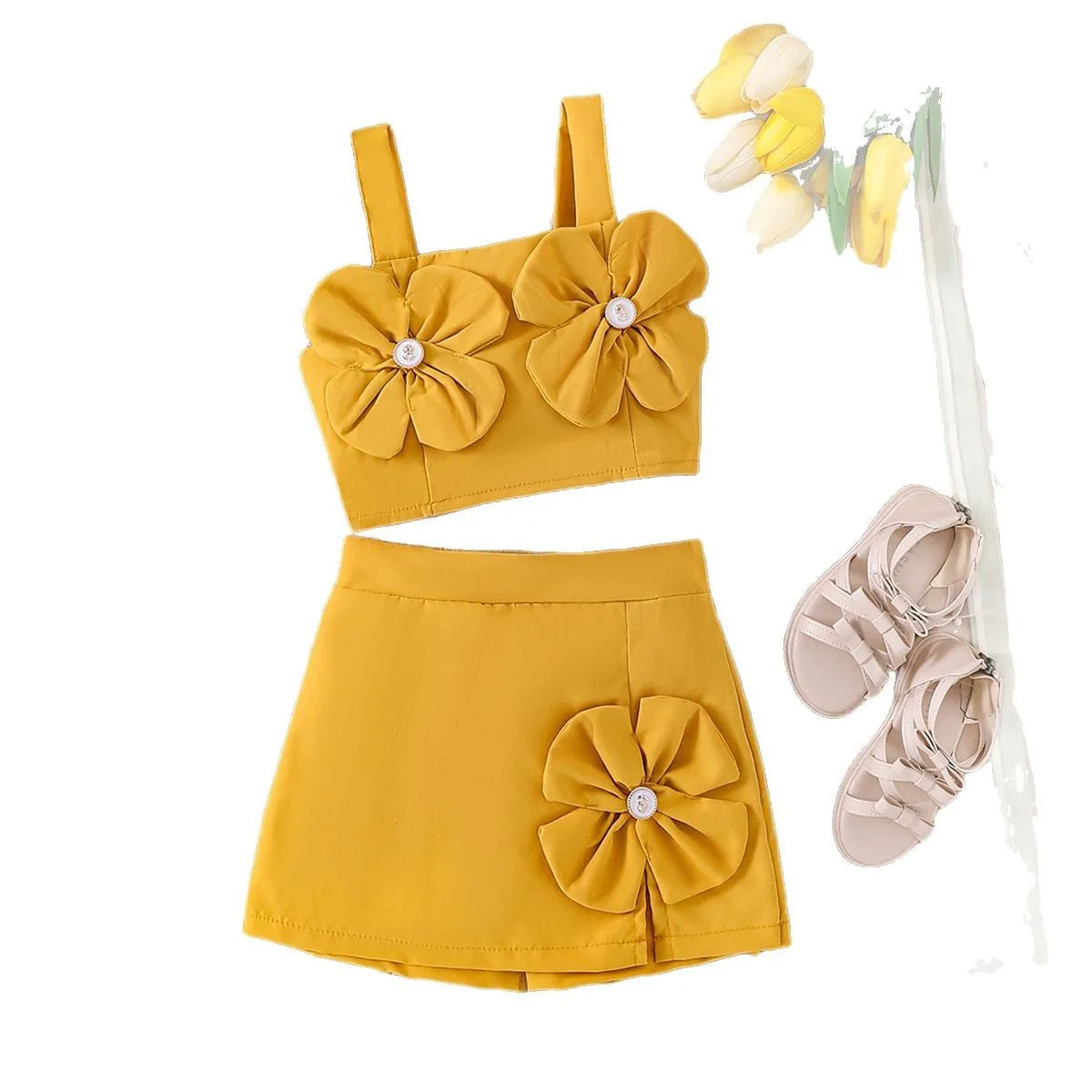 Summer Girl Solid Color Suit Children Flower Sleeveless Top with Short Skirt Two-piece Set