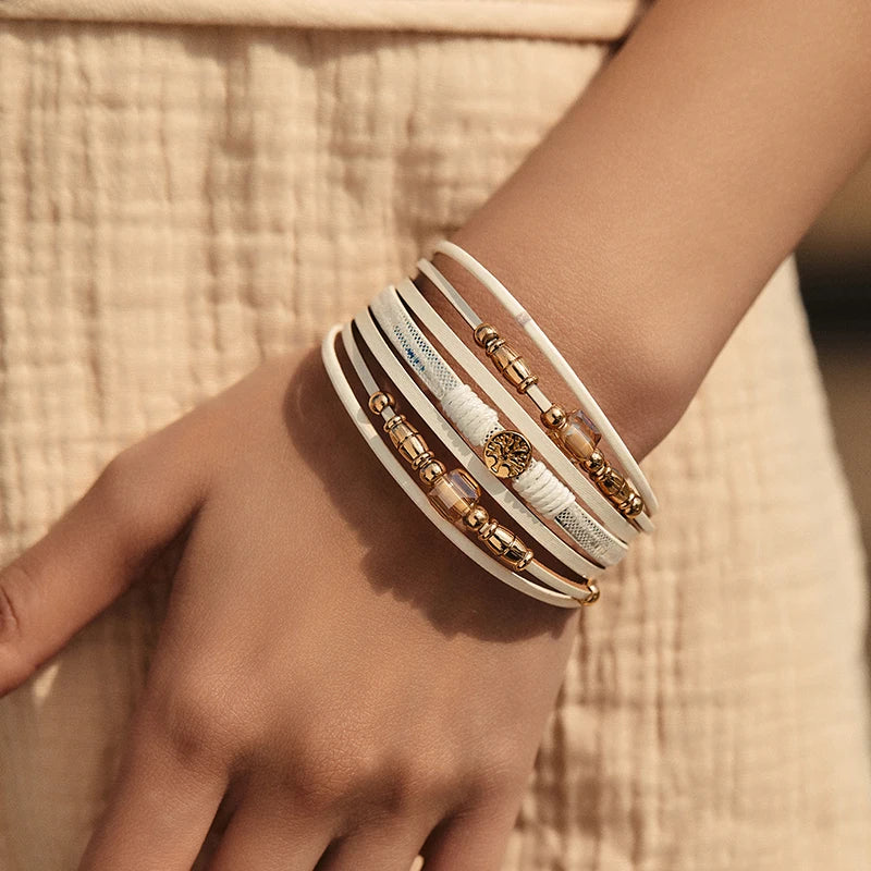 New Bohemian Style Crystal Rhinestone Bead Wrap Bracelet Multi-layer Leather Gold Plated Magnetic Buckle Women's Fashion Gift