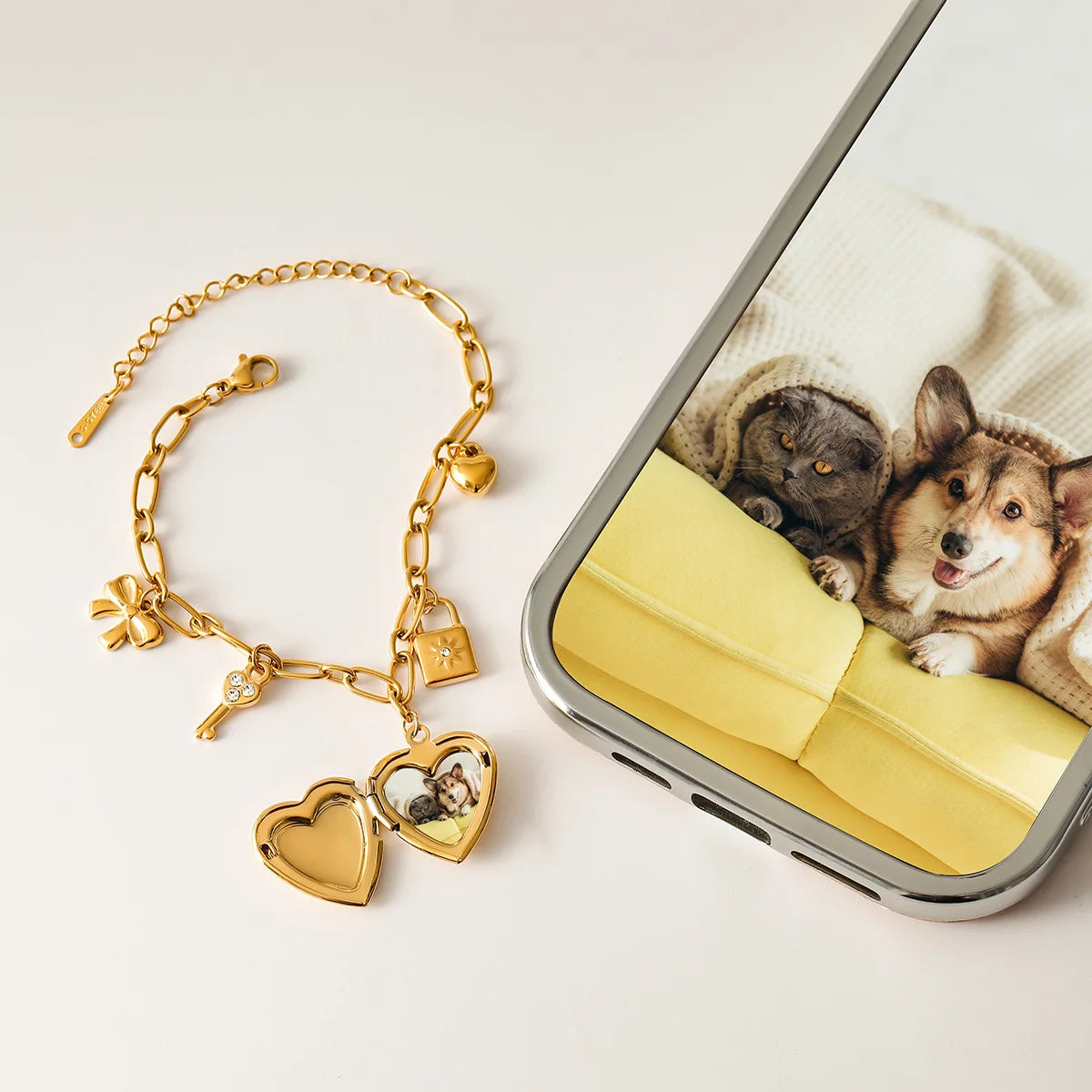 Heart Shape Custom Photo Locket Bracelet 18K Gold PVD Plated Stainless Steel Charm Paperclip Belcher Link Chain Pendant Bracelet