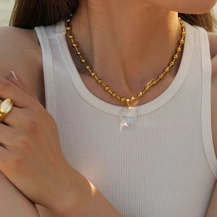 NS1354 Non Tarnish Waterproof 18k Gold Plated Stainless Steel Ball Beaded Clear Heart Charm Chain Choker Necklace