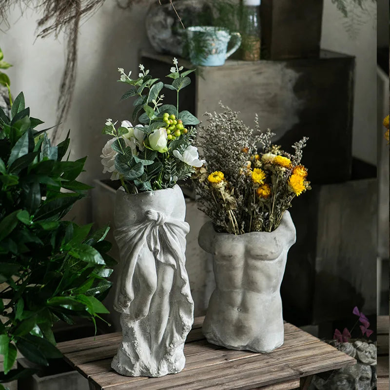 Half Body Human Art Decorative Flower Pot Character Sculpture Ornament Succulent Plant Ceramic Vase Clay Material