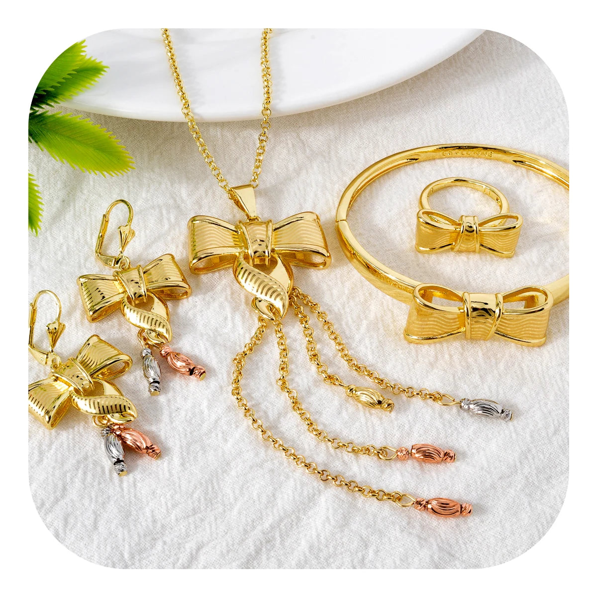 Fashion Jewelry Dubai 14k Gold Plated Bow Wedding Bride Jewelry Sets for Women
