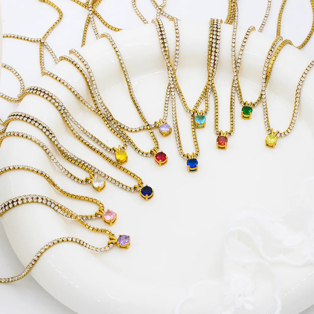 Women's Natural Stone Tennis Chain Stainless Steel Jewelry Necklace Birthday Valentine's Day Colorful Zircon Pendant Necklace