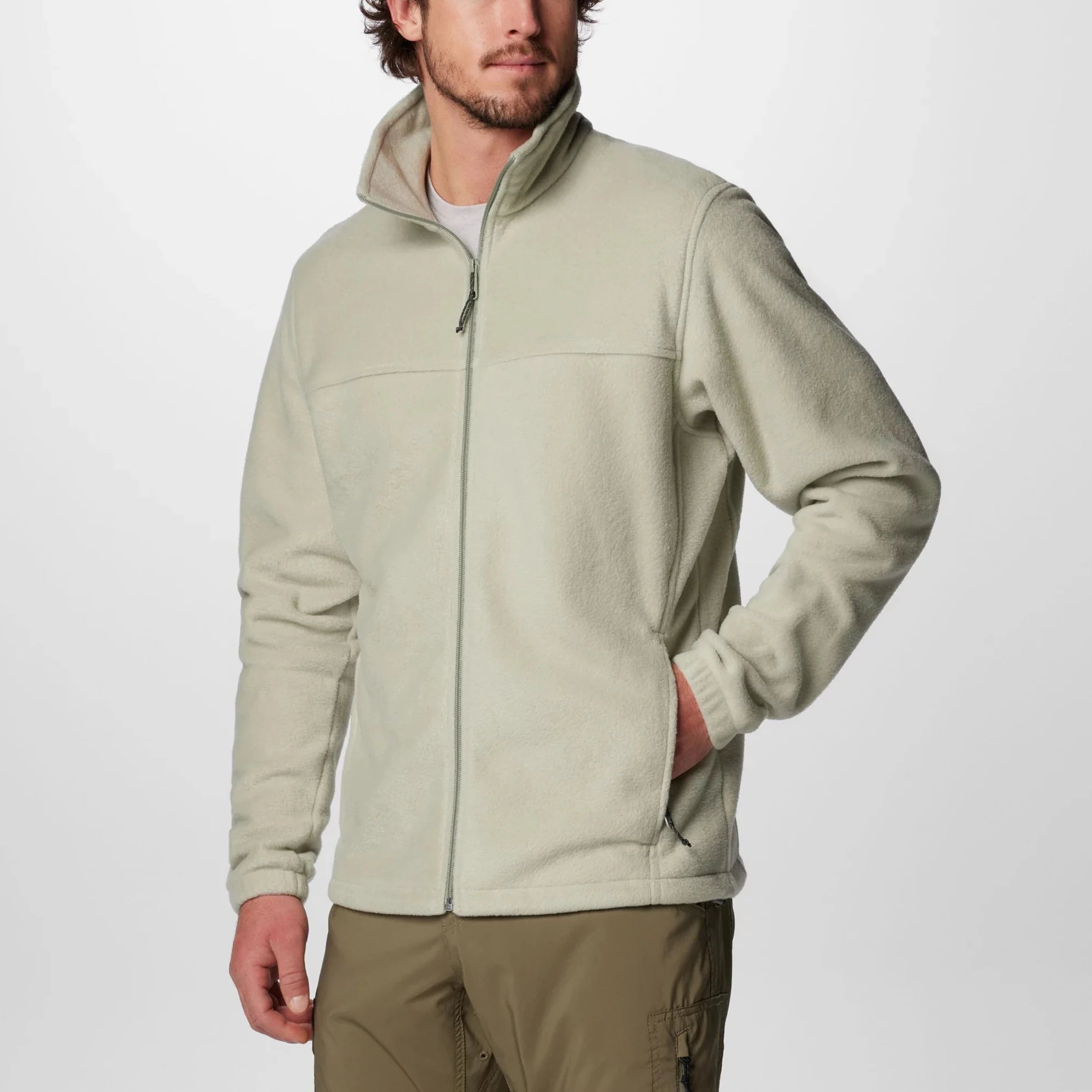 Men's 100% Polyester Winter Woven Full Zip Fleece Safari Jacket with Stand Collar and Adjustable Hem