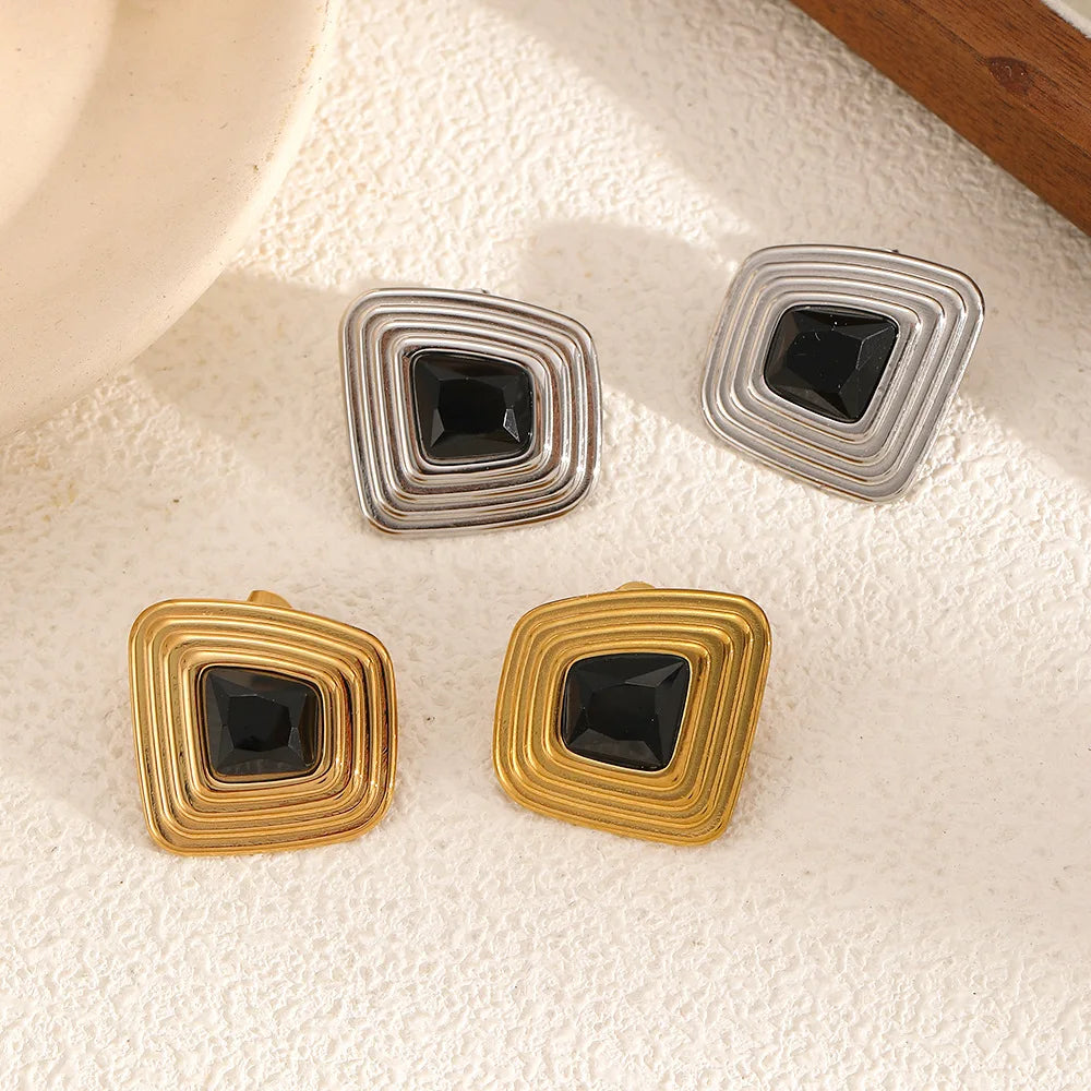 BASQUESUN Fashionable Geometric Ribbed 18k Stainless Steel EarringsIrregular Square Thai Black Agate Earrings