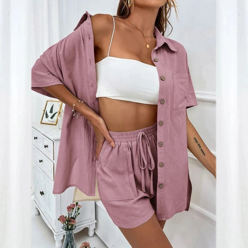 Fashion Women's Short Sleeved Shirt and Shorts Set Solid Color Loose Casual Lounge Wear Women's Set
