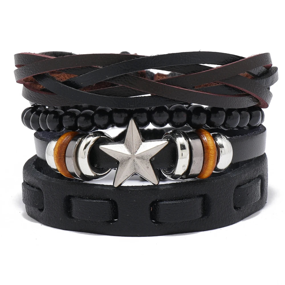 Wholesale Fashion Metal Star Charm Bracelet Vintage Leather Braid Bracelets for Men Women Graduation Gift