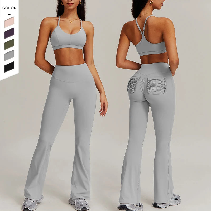 Factory Wholesale Light Weight Thin Strap Beauty Back Wide Leg High Waist Pocket Sport Suit for Women Running Fitness Yoga Set