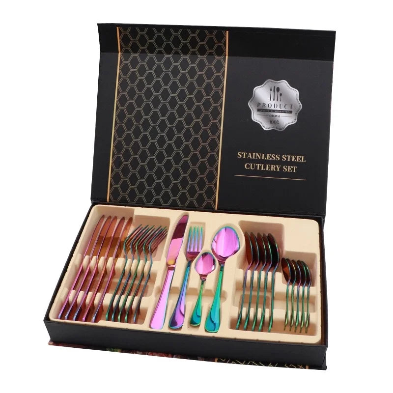 Restaurant Colorful Stainless Steel Gold Cutlery Set Mirror Polishing 24PCS Cubiertos WIth Gift Box