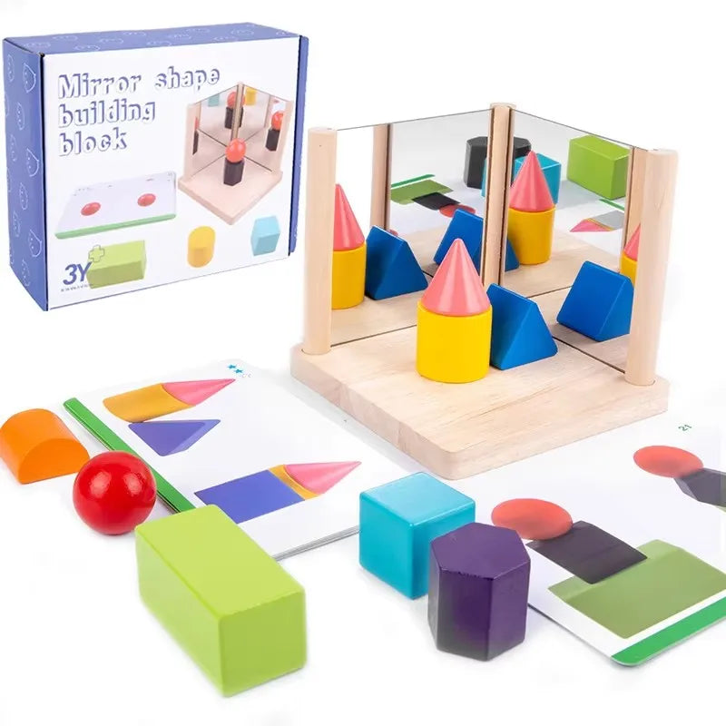 Wooden Children's Mirror Building Blocks Toy Wood Montessori Educational Mosaic Space Logical Thinking Training Toys for Kids