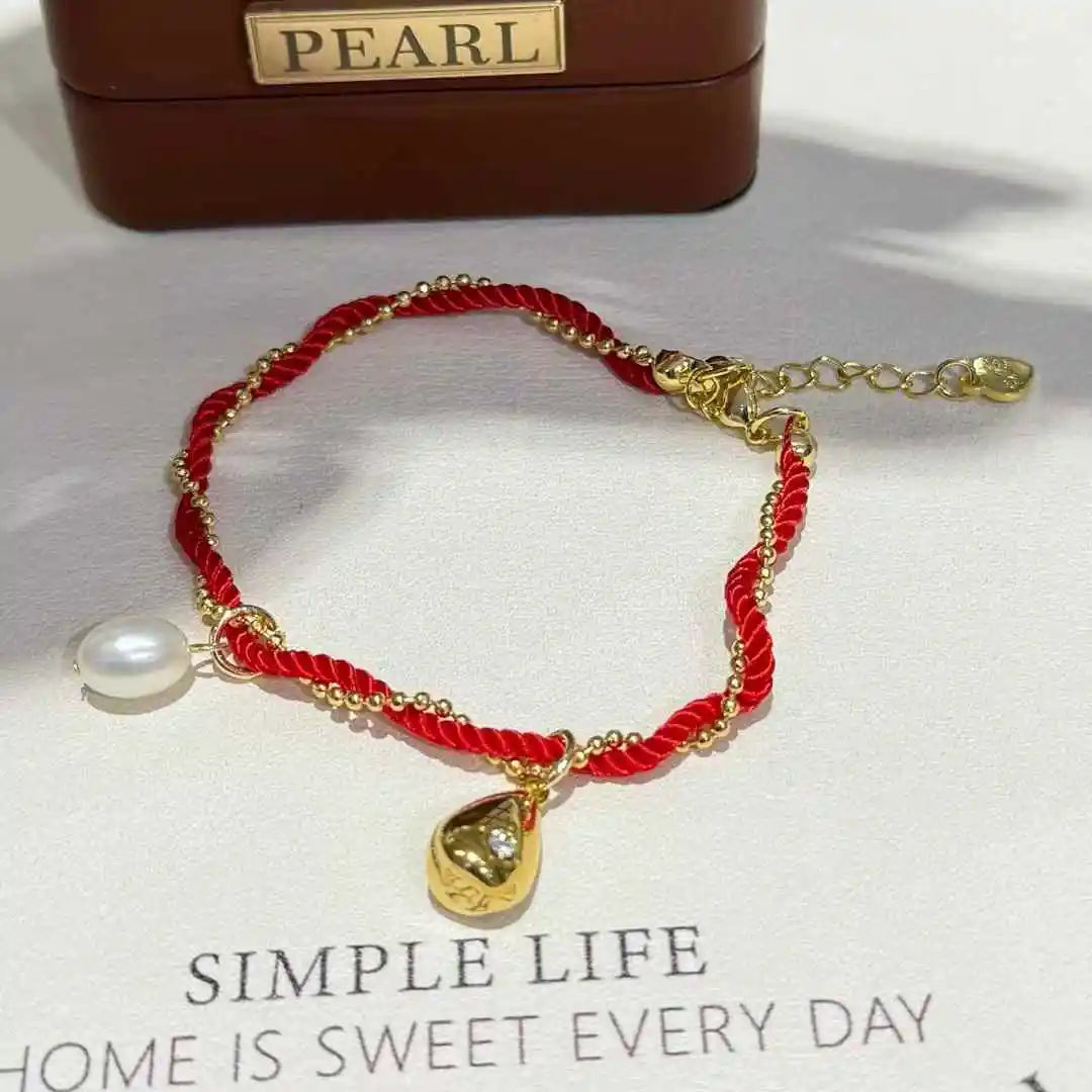 6-7mm AAAA Grade Rice Shape Natural Freshwater Pearl Gold Plated Women's Cute Bracelet New Year Celebration Rope Bangle