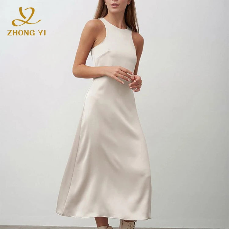 Clothing Factory Wholesale Custom Elegant Sleeveless Halter Party Solid Vintage Satin O Neck a Line Slim Woman Casual Midi Dress