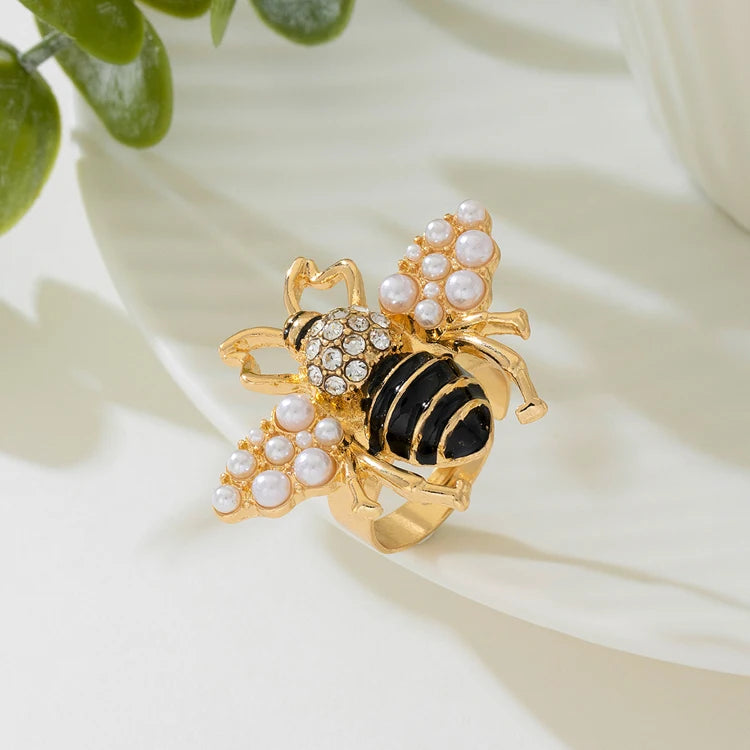 Fun Cute Enamel Animal Small Bee Ring Ladies Wholesale Pearl Rhinestone Opening Ring