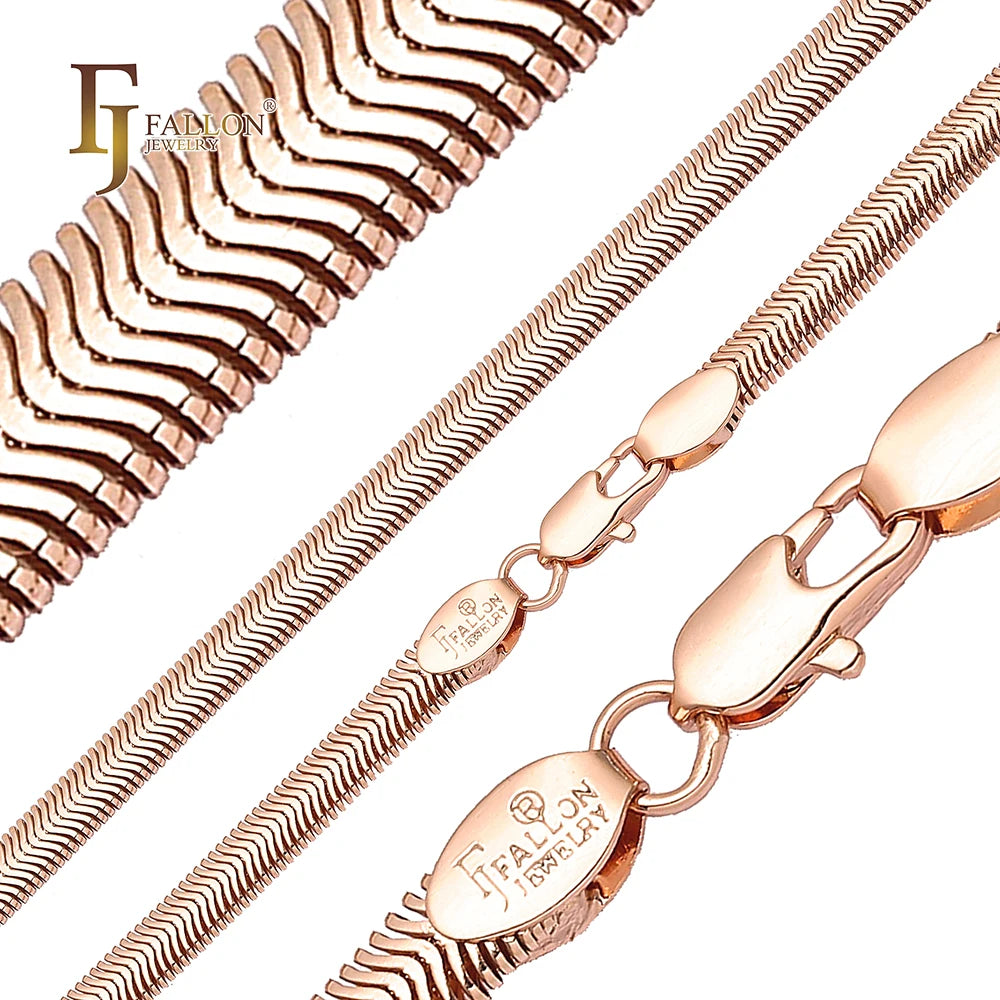 3.3mm+ FJ Fallon Fashion Jewelry Wide Flat Skeleton Snake Chain Plated in Rose Gold Brass Based Split