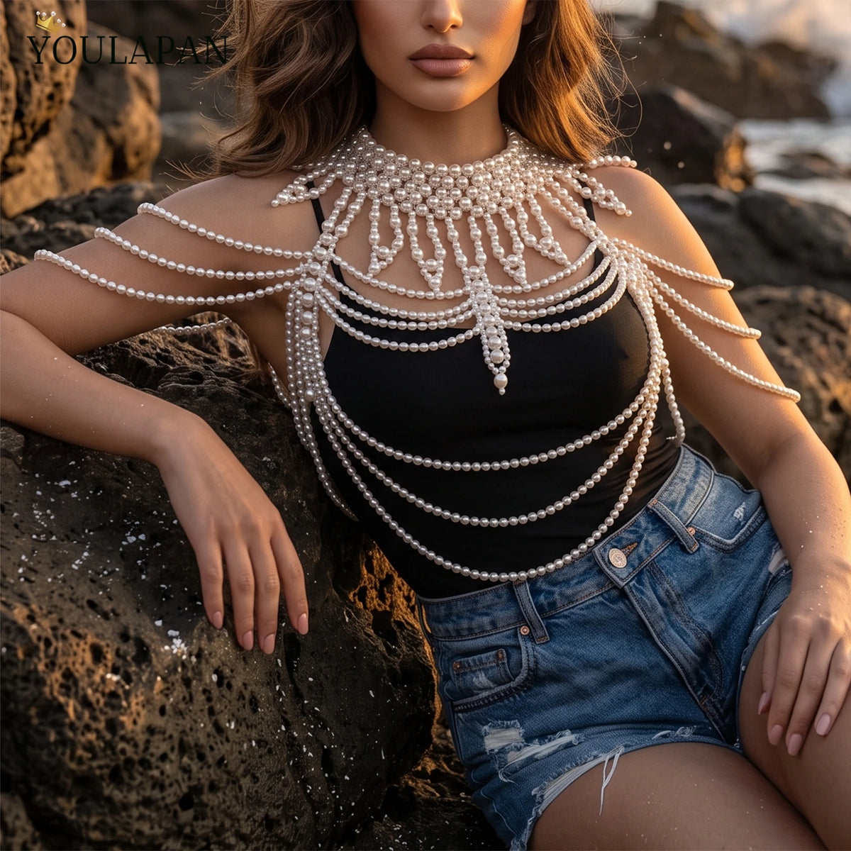 YouLaPan VG39 New Handmade Full Beaded Top Body Chain Miss Soccer Stage Show Necklace Tassel Fancy Pearl Bridal Wedding Shawl