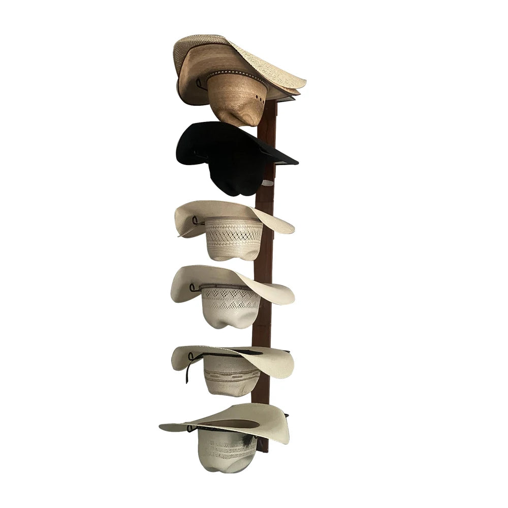 Wall Mounted Hat Rack Rustic Dark Brown Wood and Black Metal Wire Vertical Cap and Wig Form Storage Hooks